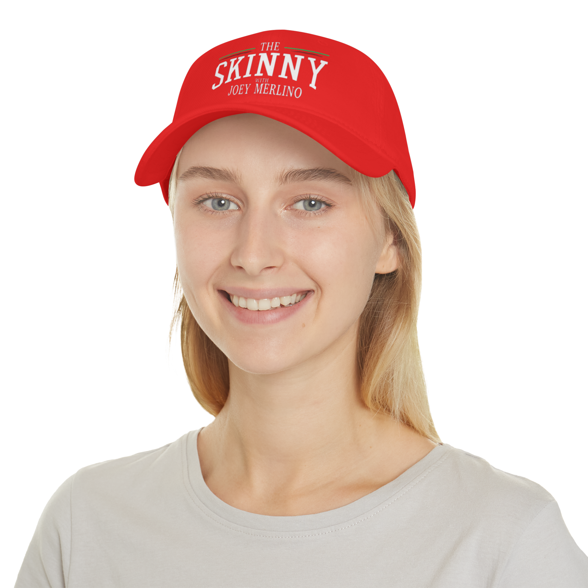 Person wearing a red cap with 'The Skinny' text on a white background