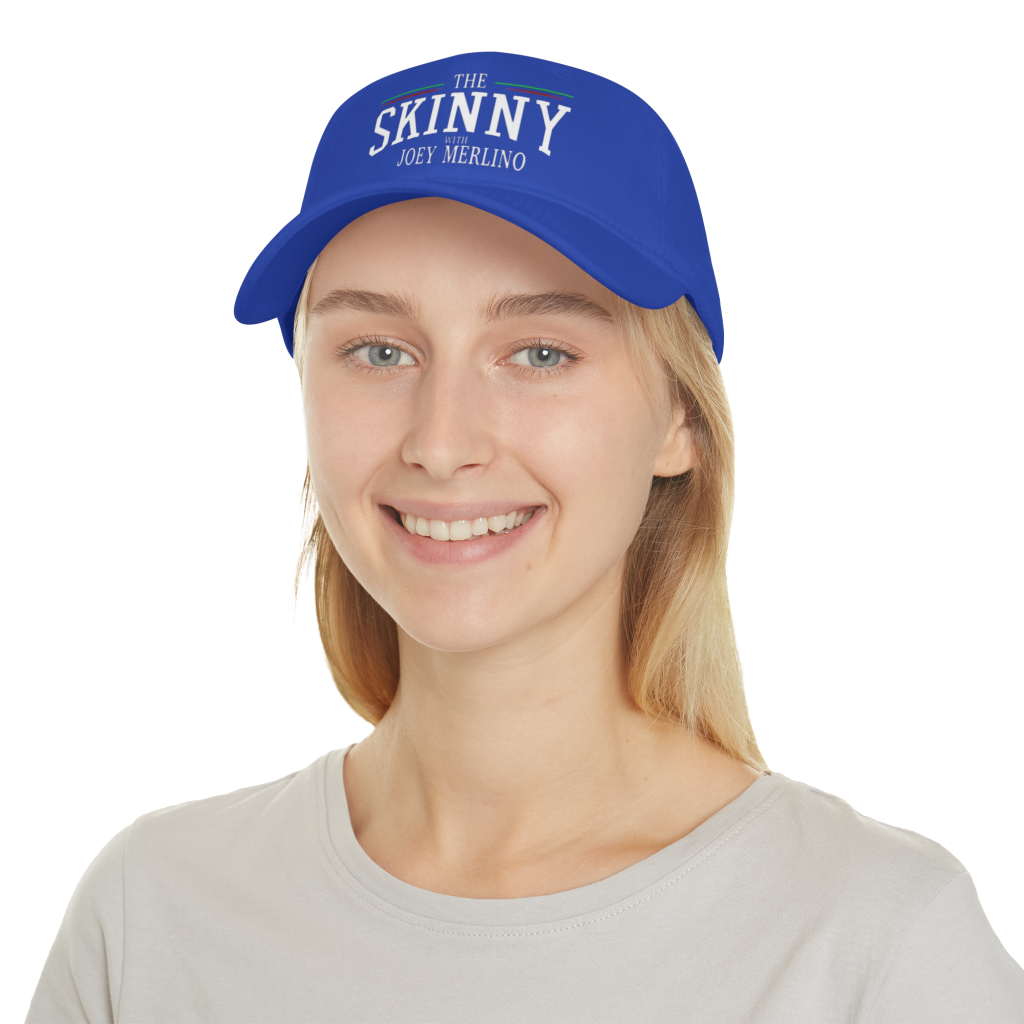 Person wearing a blue cap with 'The Skinny' text on a white background
