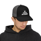 Person wearing a black and gray cap with 'WE CAN GO ANYWHERE!' text on a white background