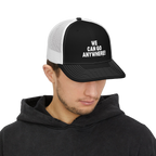 Person wearing a black and white cap with 'WE CAN GO ANYWHERE!' text on a white background