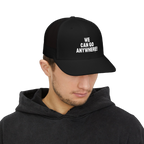 Person wearing a black cap with 'WE CAN GO ANYWHERE!' text on a white background