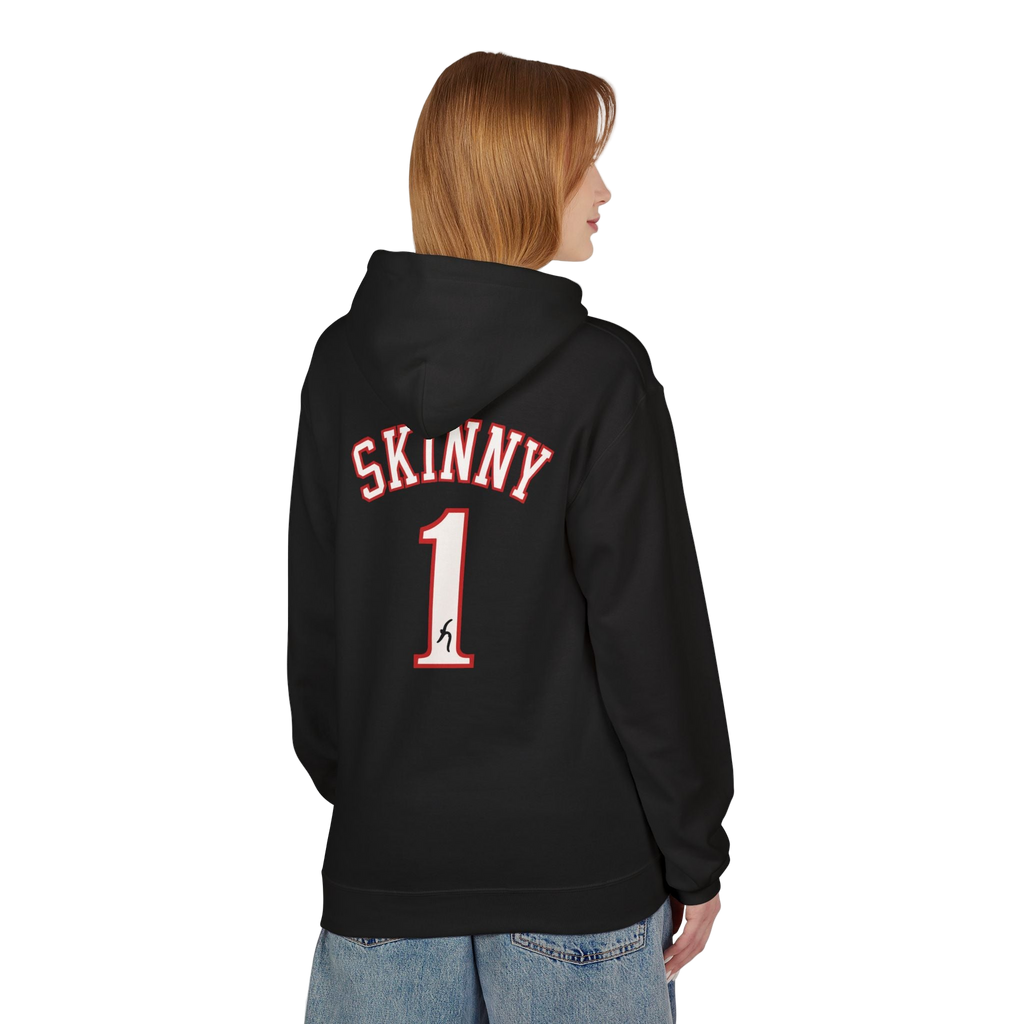 Person wearing a black hoodie with 'SKINNY 1' text on the back, standing against a white background.