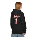 Person wearing a black hoodie with 'SKINNY 1' text on the back, standing against a white background.