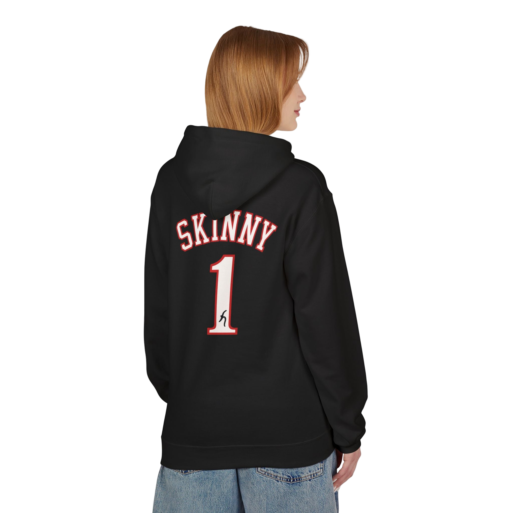 Person wearing a black hoodie with 'SKINNY 1' text on the back, standing against a white background.