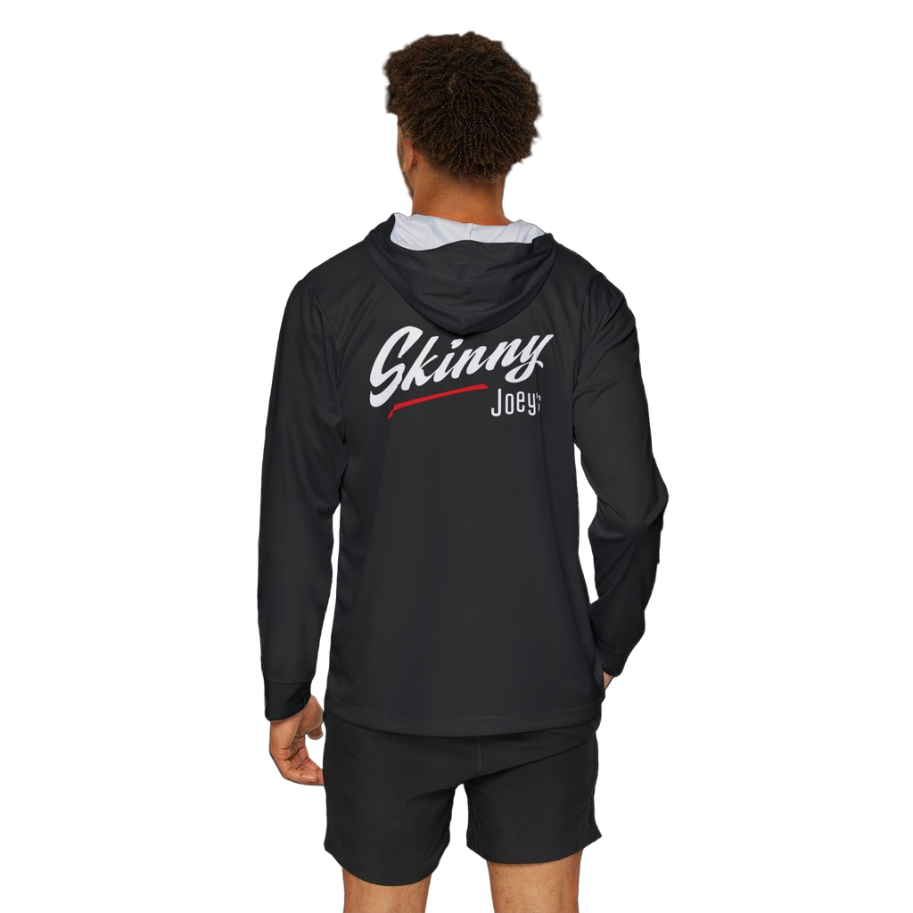 Person wearing a black hoodie with 'Skinny Joey' text on the back against a white background