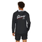 Person wearing a black hoodie with 'Skinny Joey' text on the back against a white background