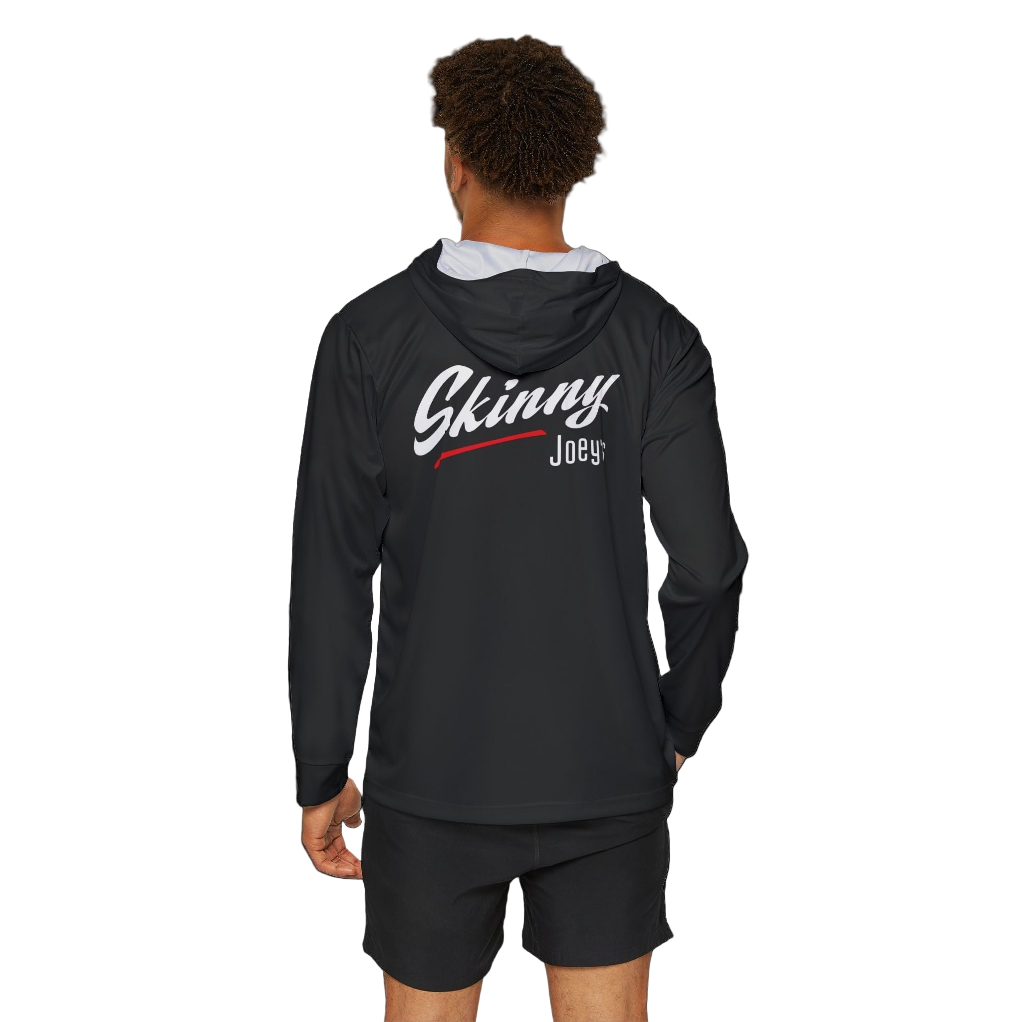 Person wearing a black hoodie with 'Skinny Joey' text on the back against a white background