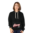 Person wearing a black hoodie with 'Skinny Joey's' logo on a white background