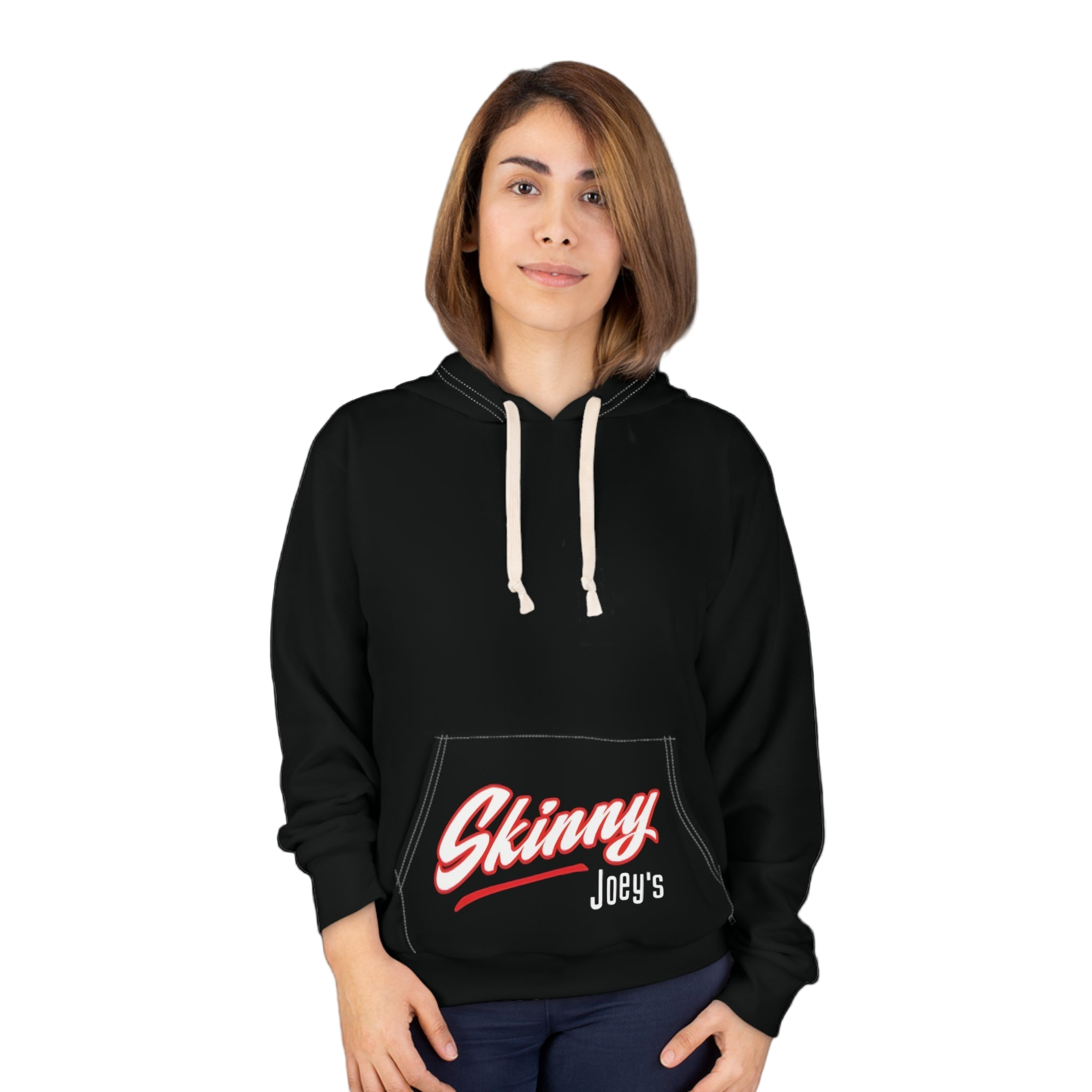 Person wearing a black hoodie with 'Skinny Joey's' logo on a white background
