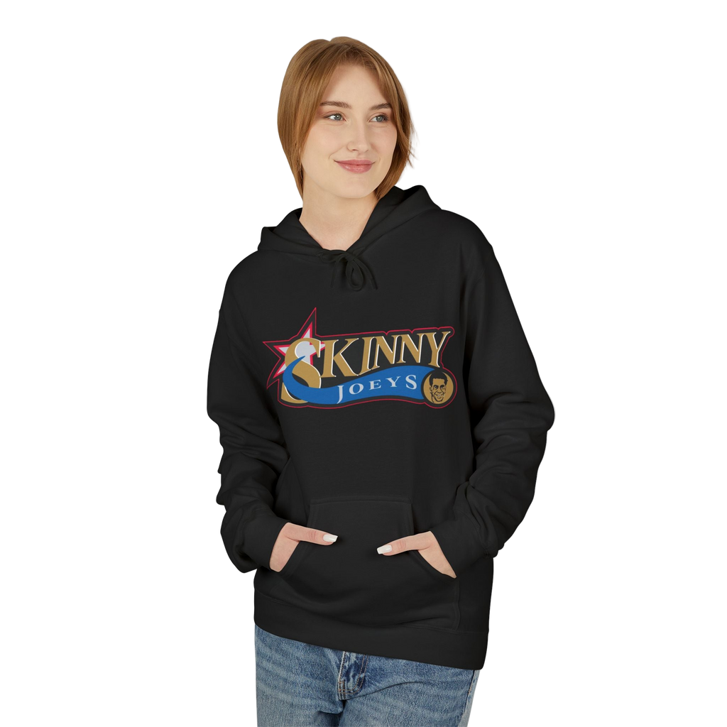 Person wearing a black hoodie with a logo on a white background