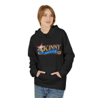 Person wearing a black hoodie with a logo on a white background