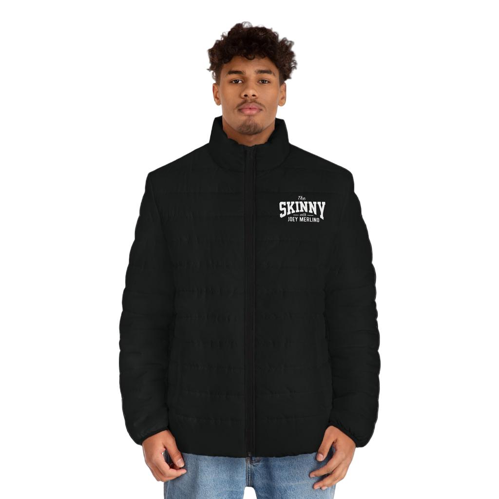 Person wearing a black jacket with 'Skinny' logo on a white background