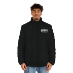 Person wearing a black jacket with 'Skinny' logo on a white background