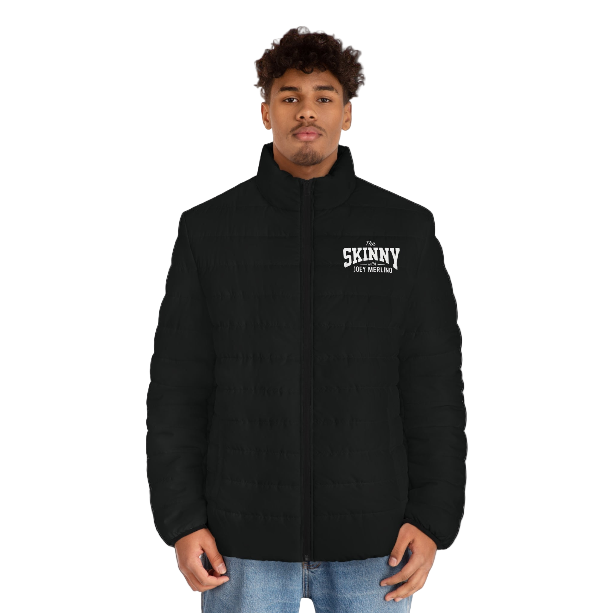 Person wearing a black jacket with 'Skinny' logo on a white background