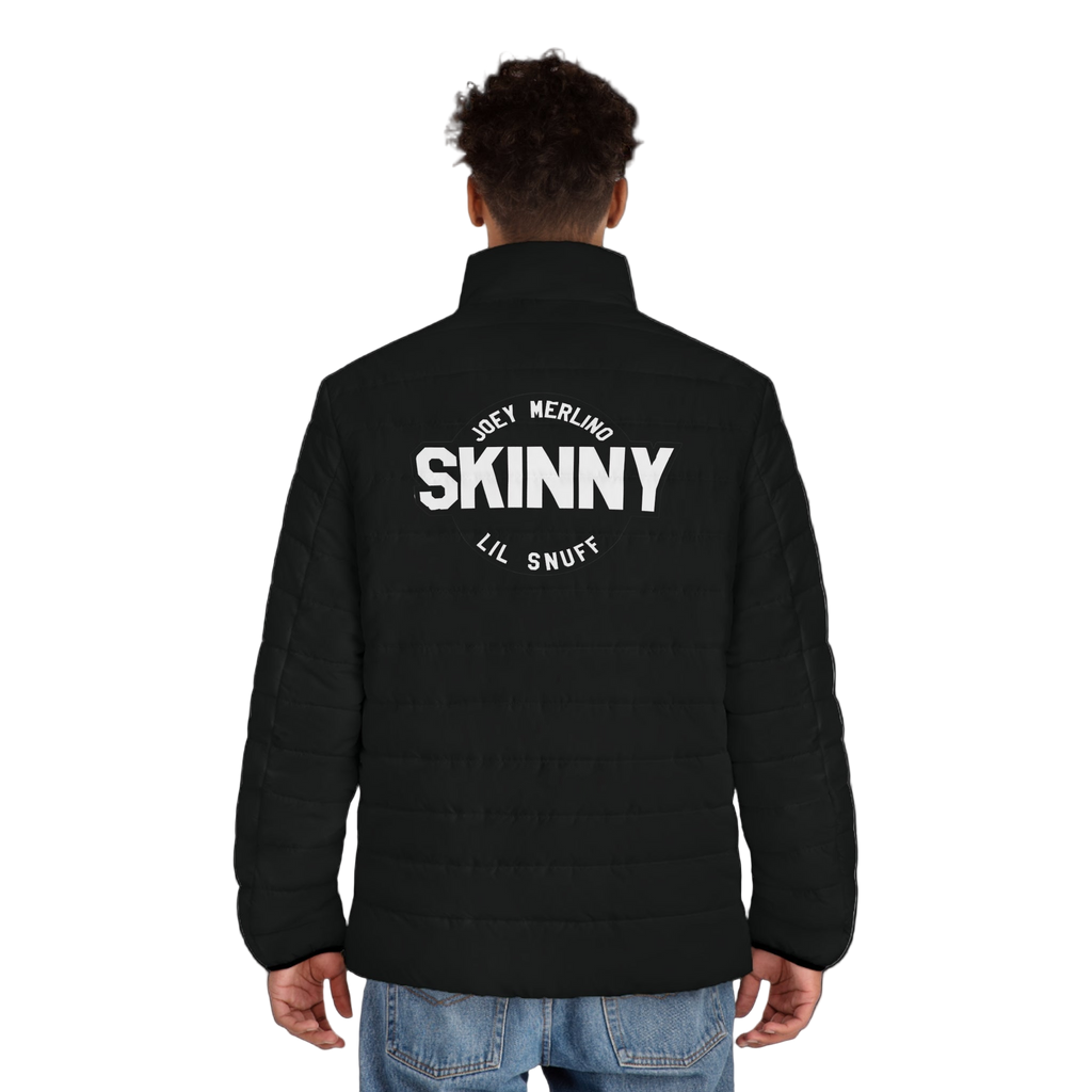Person wearing a black jacket with 'Skinny' logo on back