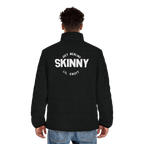 Person wearing a black jacket with 'Skinny' logo on back