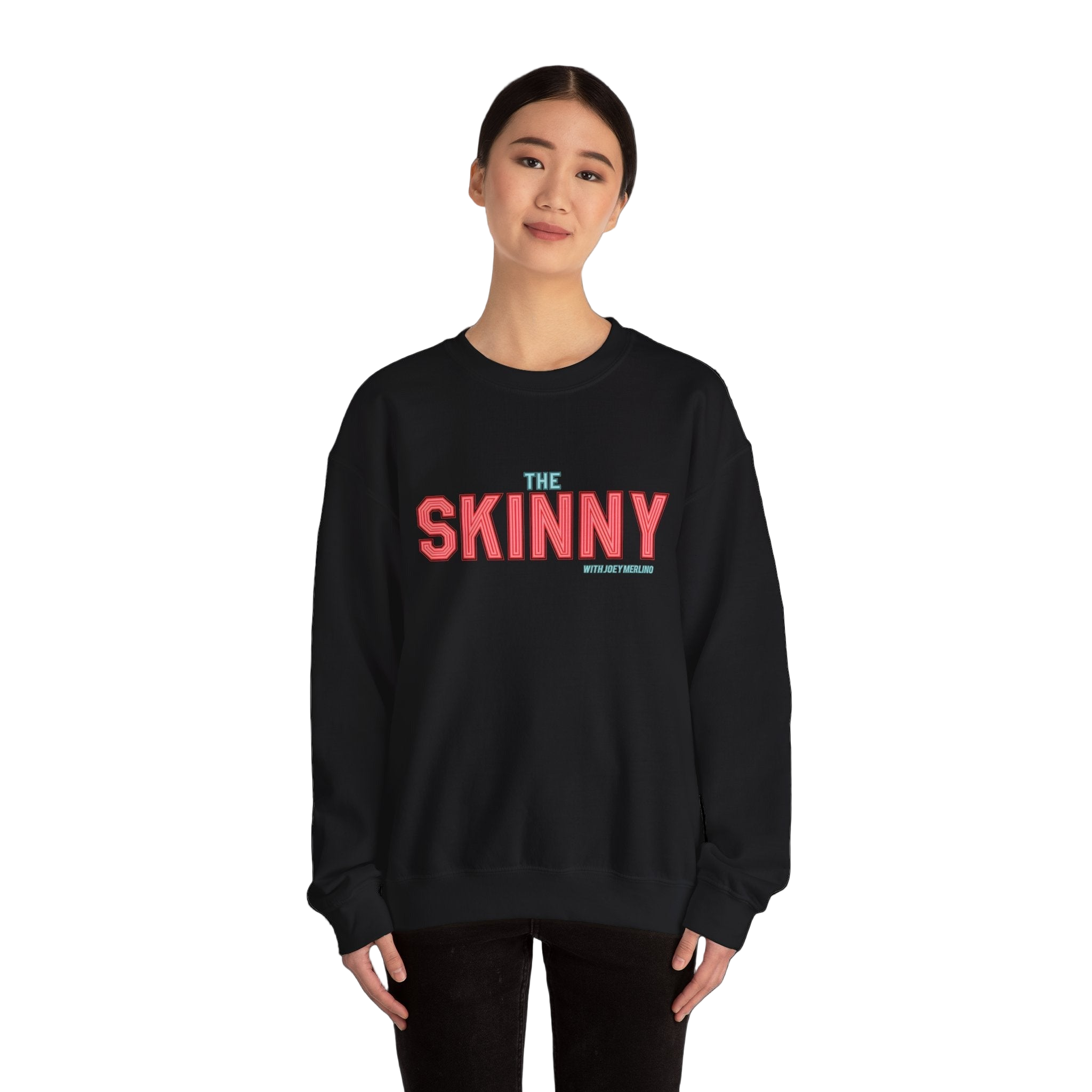 Person wearing a black sweatshirt with 'THE SKINNY' text on a white background