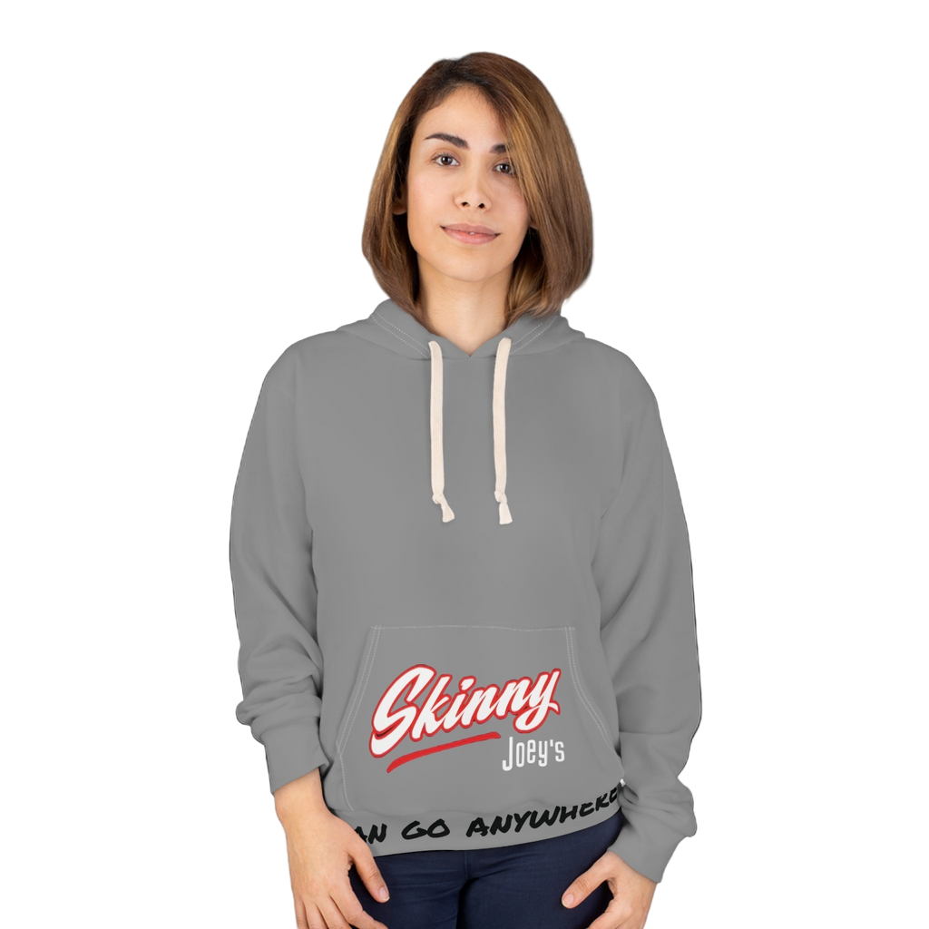 Person wearing a gray hoodie with 'Skinny Joey's' text on a white background