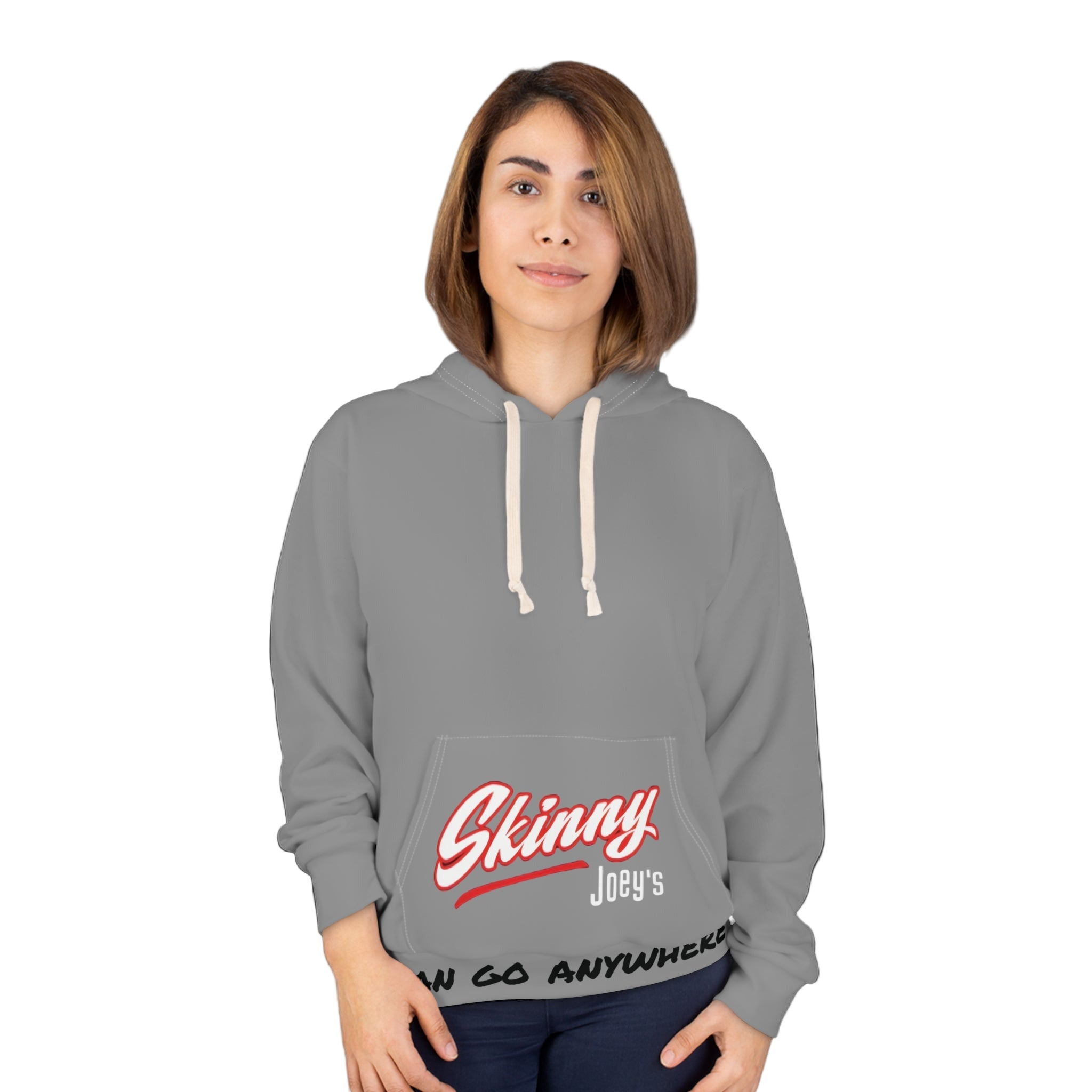 Person wearing a gray hoodie with 'Skinny Joey's' text on a white background