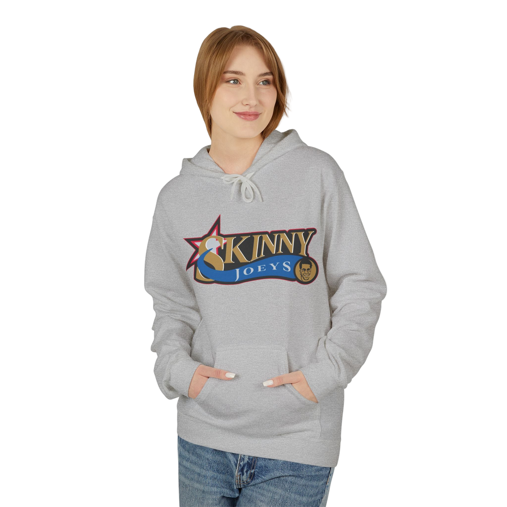 Person wearing a gray hoodie with a logo on a white background