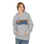 Person wearing a gray hoodie with a logo on a white background