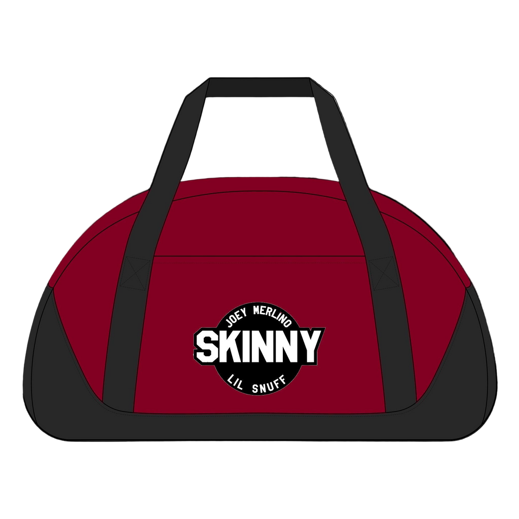 Red duffel bag with black straps and a logo on a white background