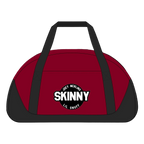 Red duffel bag with black straps and a logo on a white background