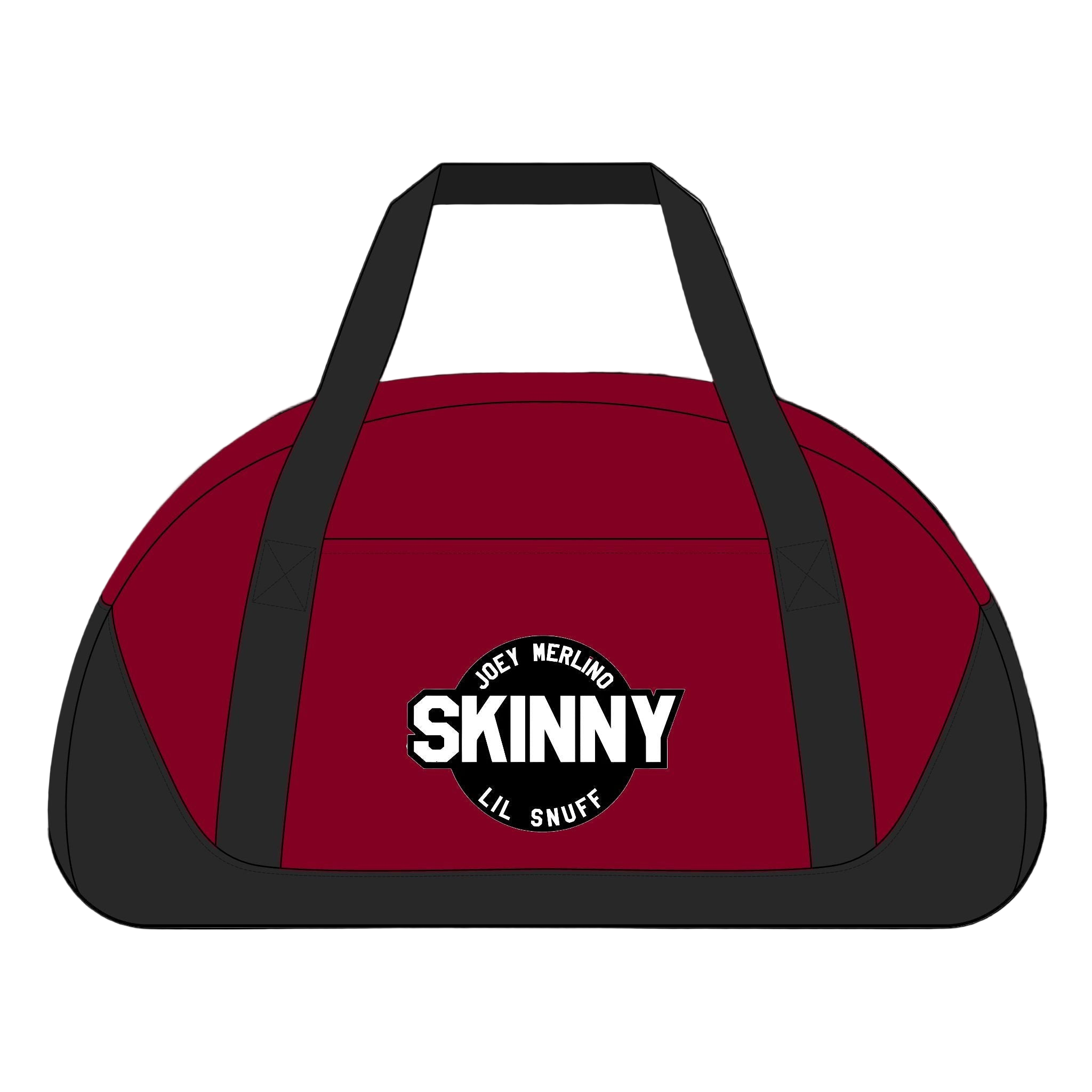 Red duffel bag with black straps and a logo on a white background