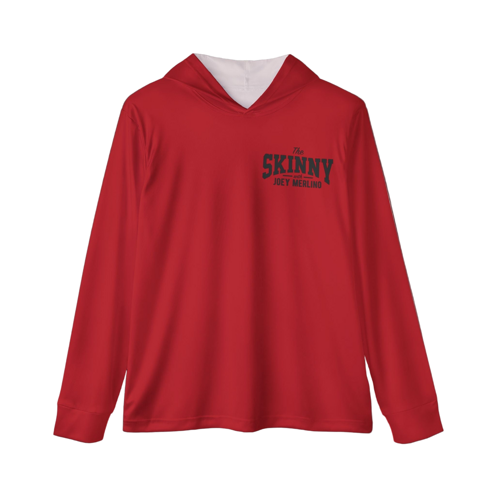 Red hoodie with text on a white background