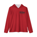 Red hoodie with text on a white background