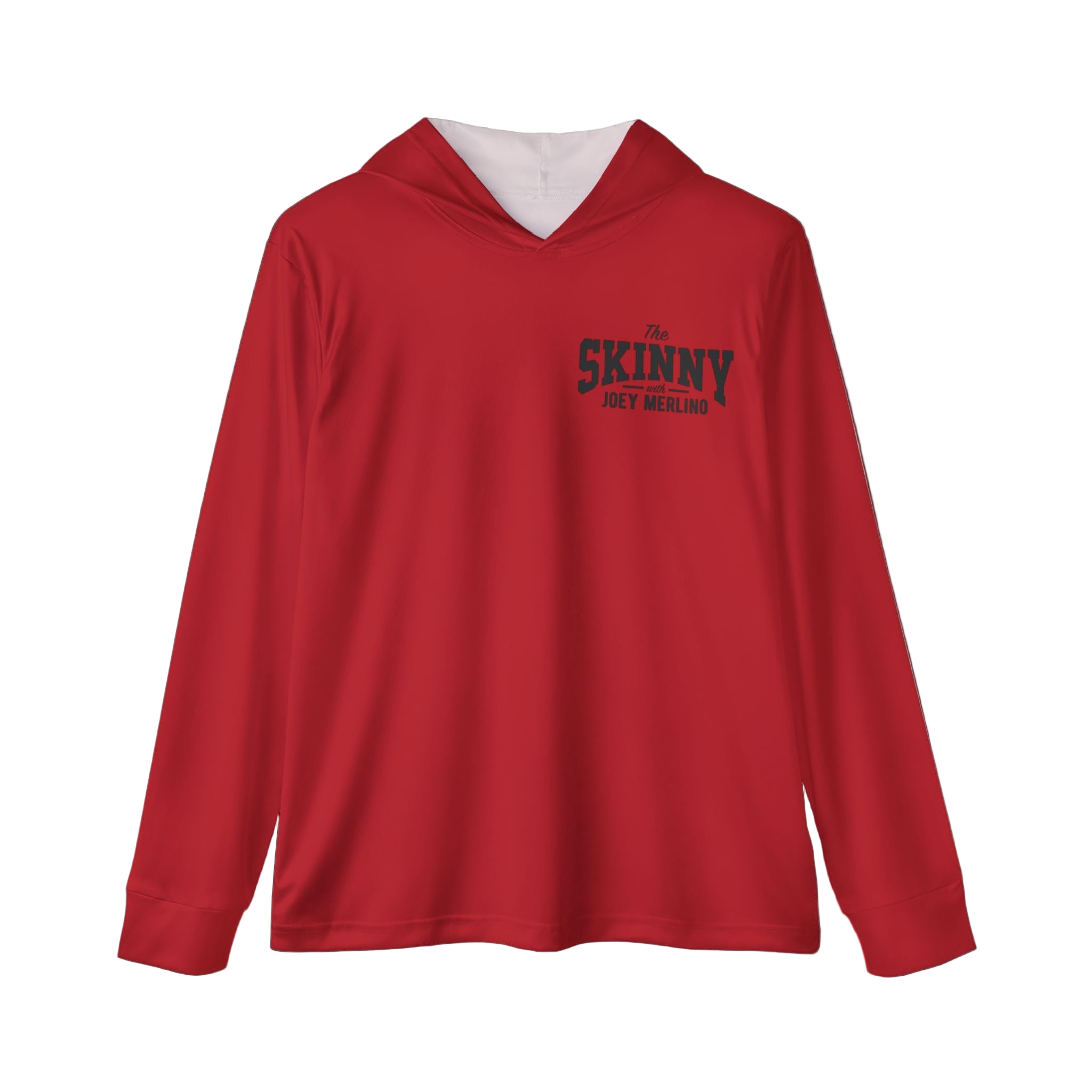Red hoodie with text on a white background