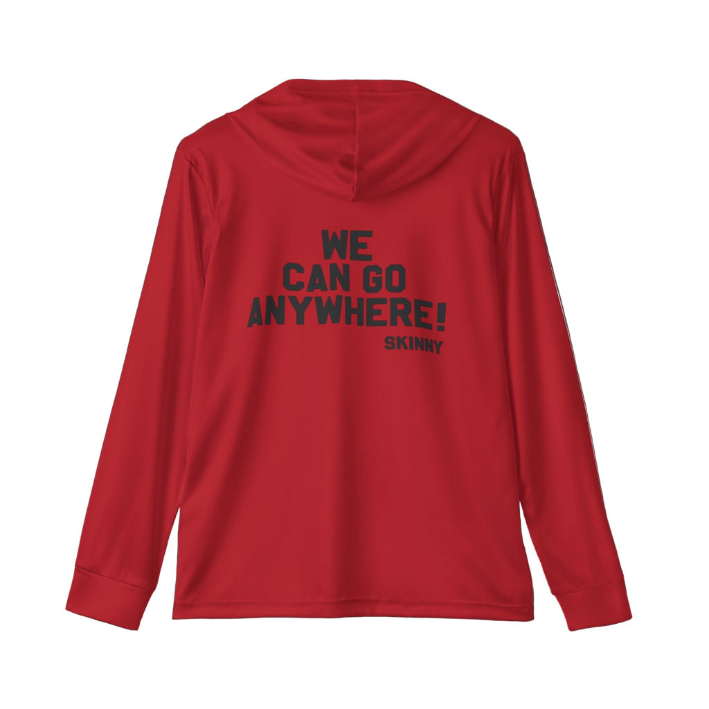 Red hoodie with text on the back on a white background