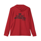 Red hoodie with text on the back on a white background