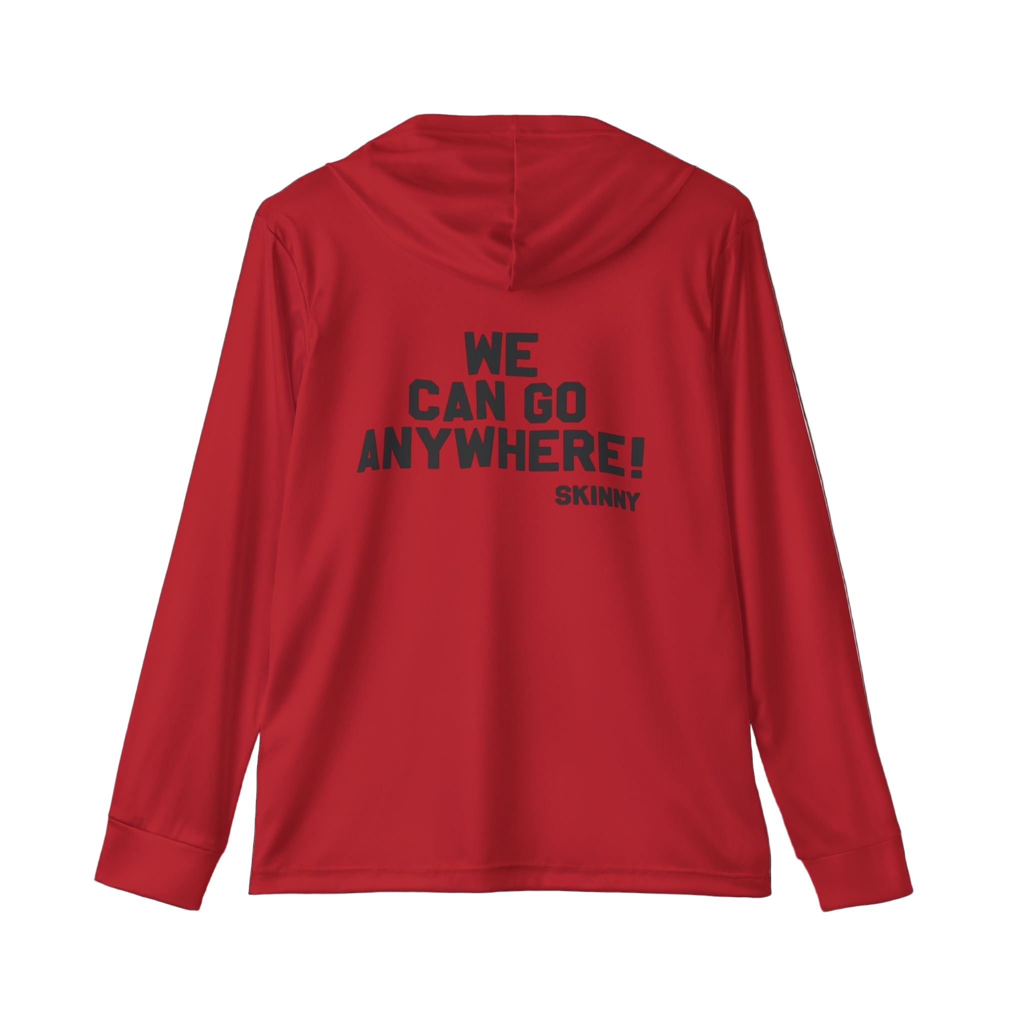 Red hoodie with text on the back on a white background
