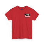 Red t-shirt with a logo on the chest against a white background