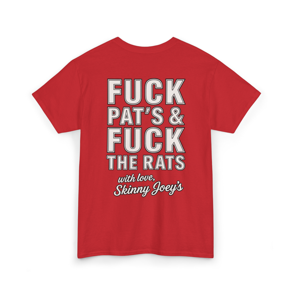 Red t-shirt with graphic text on a white background