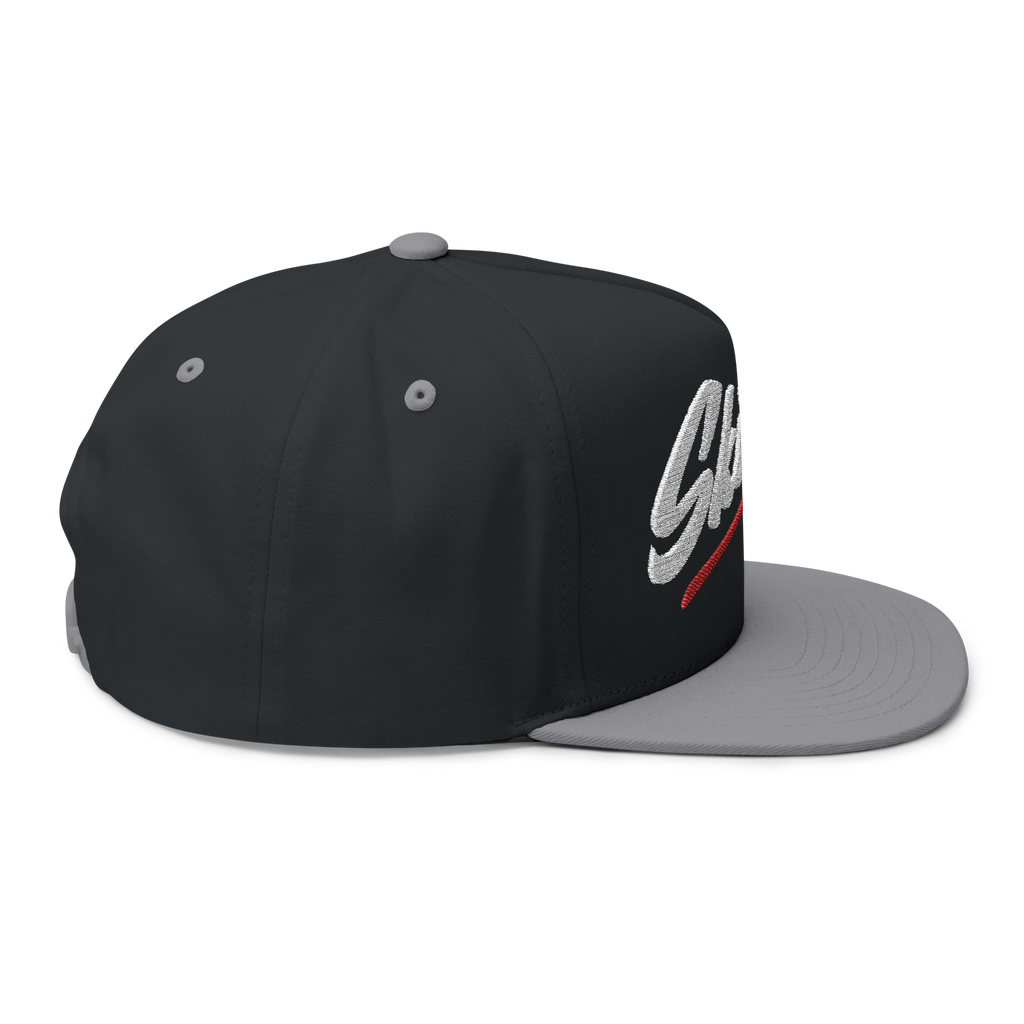 Black and gray cap with a logo on a white background
