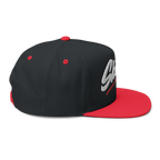 Black and red cap with a logo on a white background