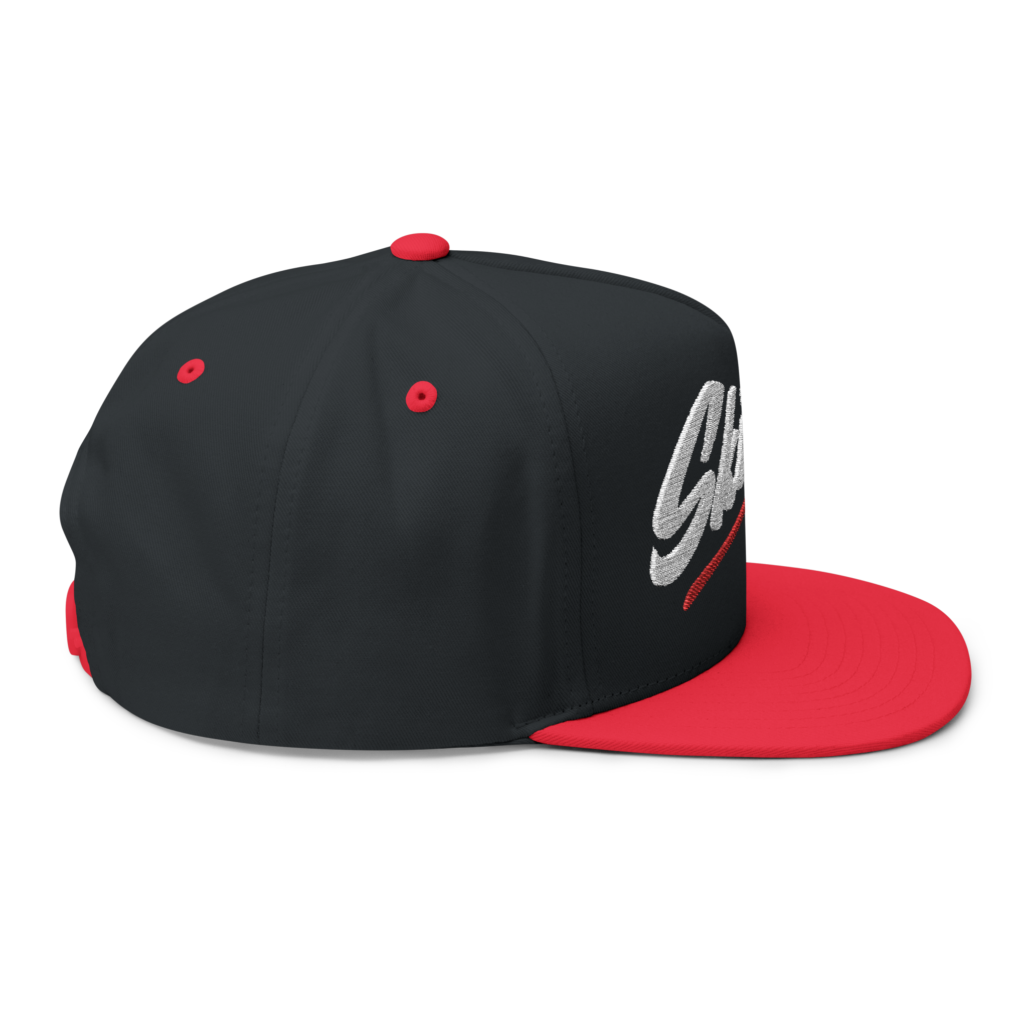 Black and red cap with a logo on a white background