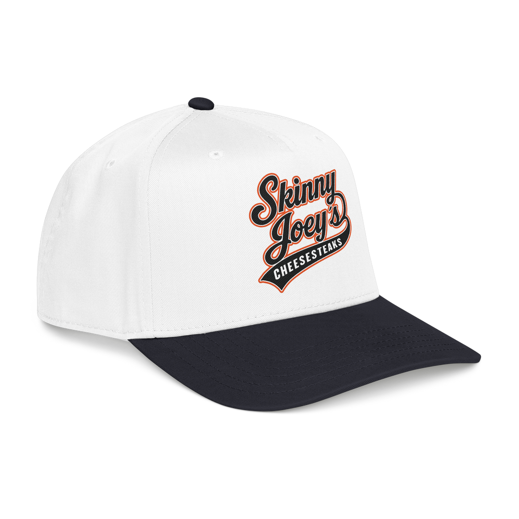 White and black cap with 'Skinny Joey's Cheesesteaks' text on a white background
