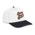 White and black cap with 'Skinny Joey's Cheesesteaks' text on a white background