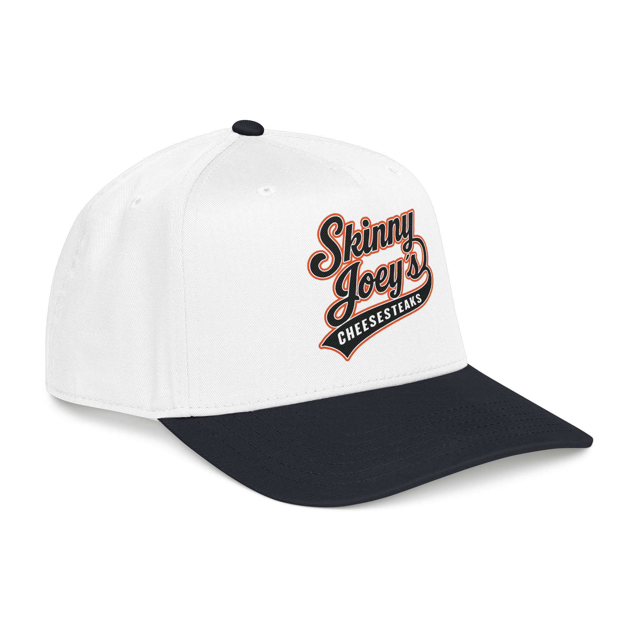 White and black cap with 'Skinny Joey's Cheesesteaks' text on a white background