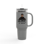 Gray travel mug with a handle featuring a person and text on a white background
