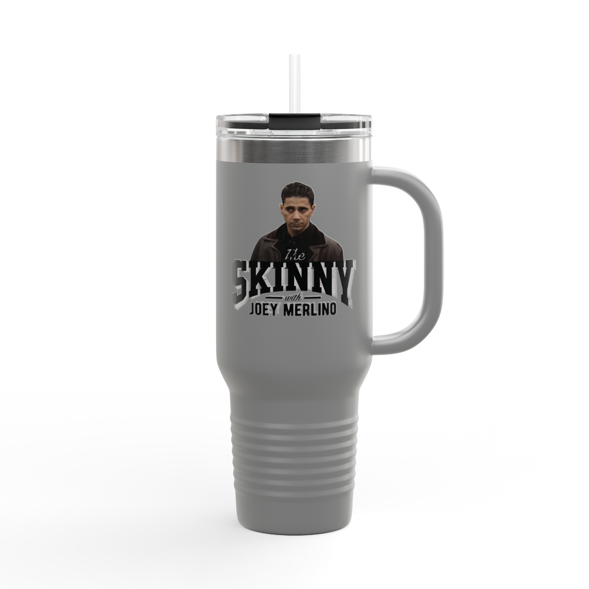 Gray travel mug with a handle featuring a person and text on a white background