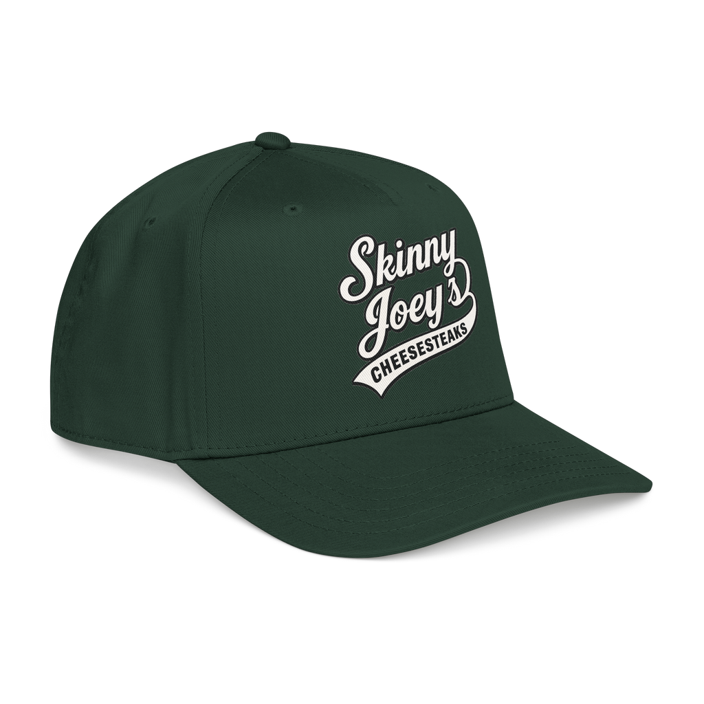 Green cap with 'Skinny Joey's Cheesesteaks' text on a white background