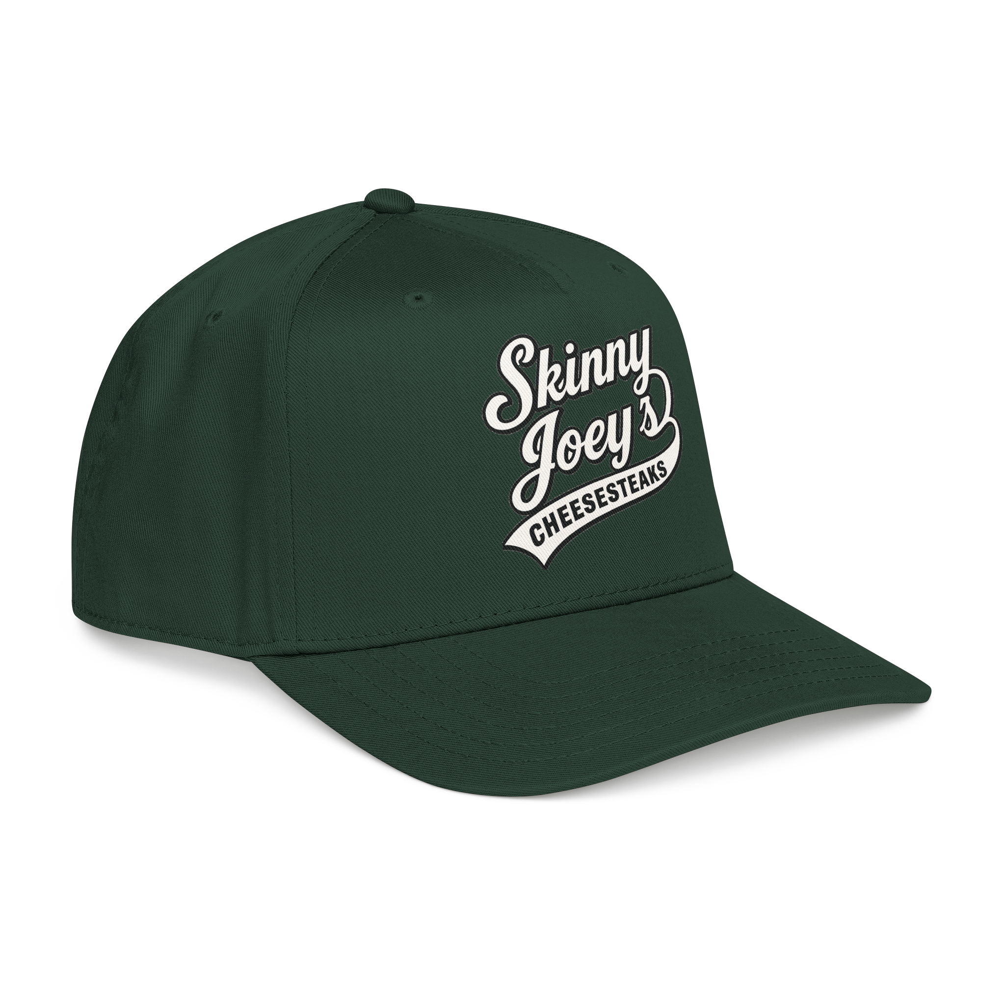 Green cap with 'Skinny Joey's Cheesesteaks' text on a white background