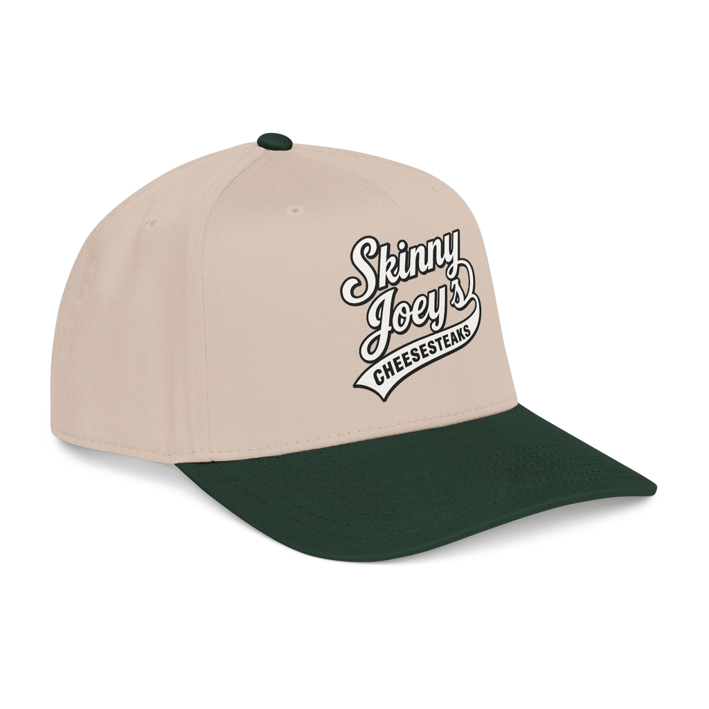 Beige and green cap with 'Skinny Joey's Cheesesteaks' logo on a white background
