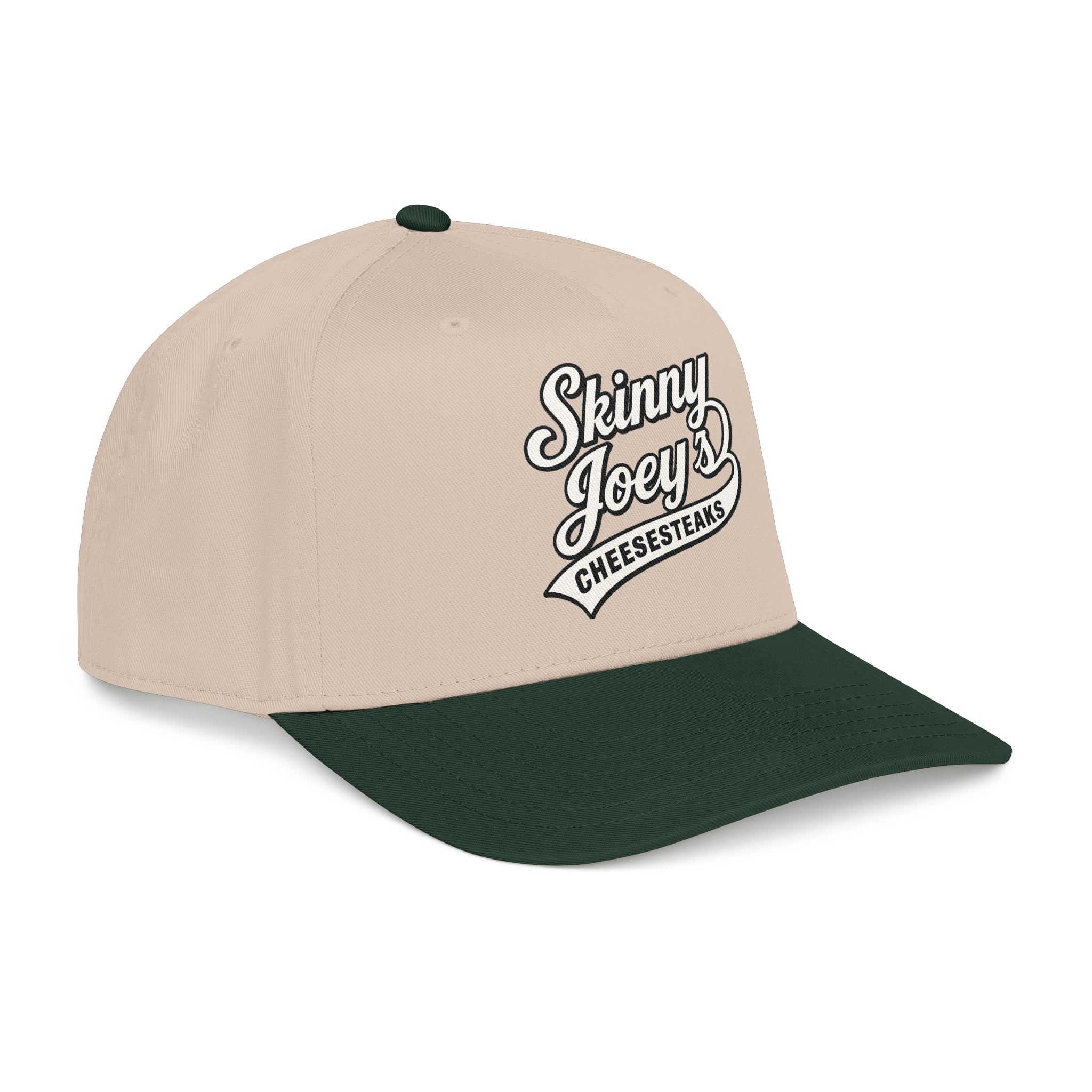 Beige and green cap with 'Skinny Joey's Cheesesteaks' logo on a white background