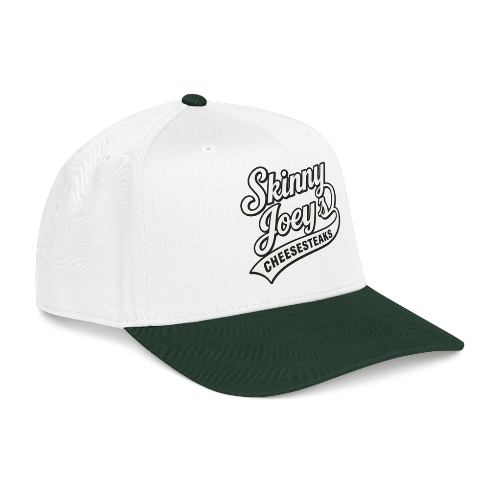 White and green cap with 'Skinny Joey's Cheesesteaks' text on a white background