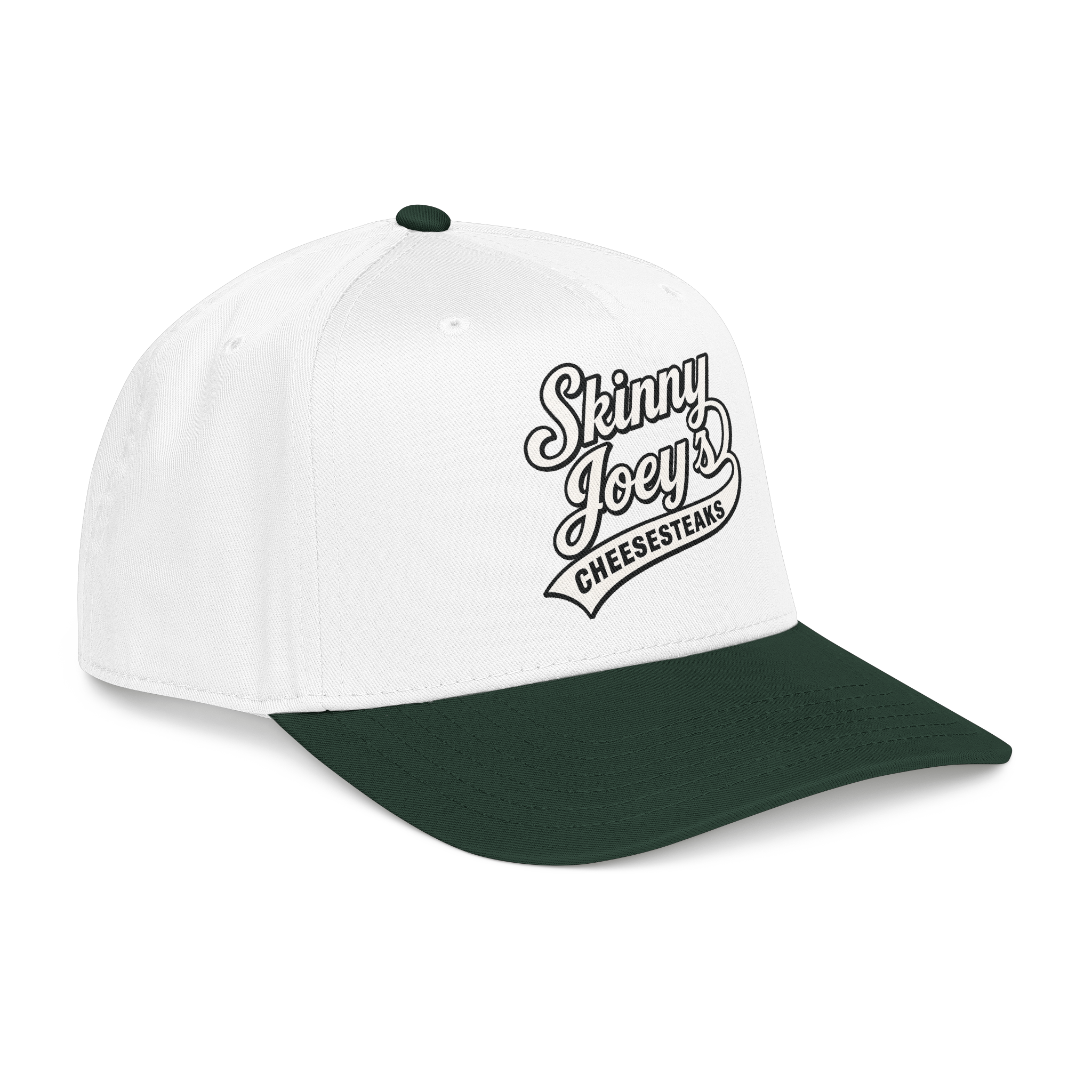White and green cap with 'Skinny Joey's Cheesesteaks' text on a white background